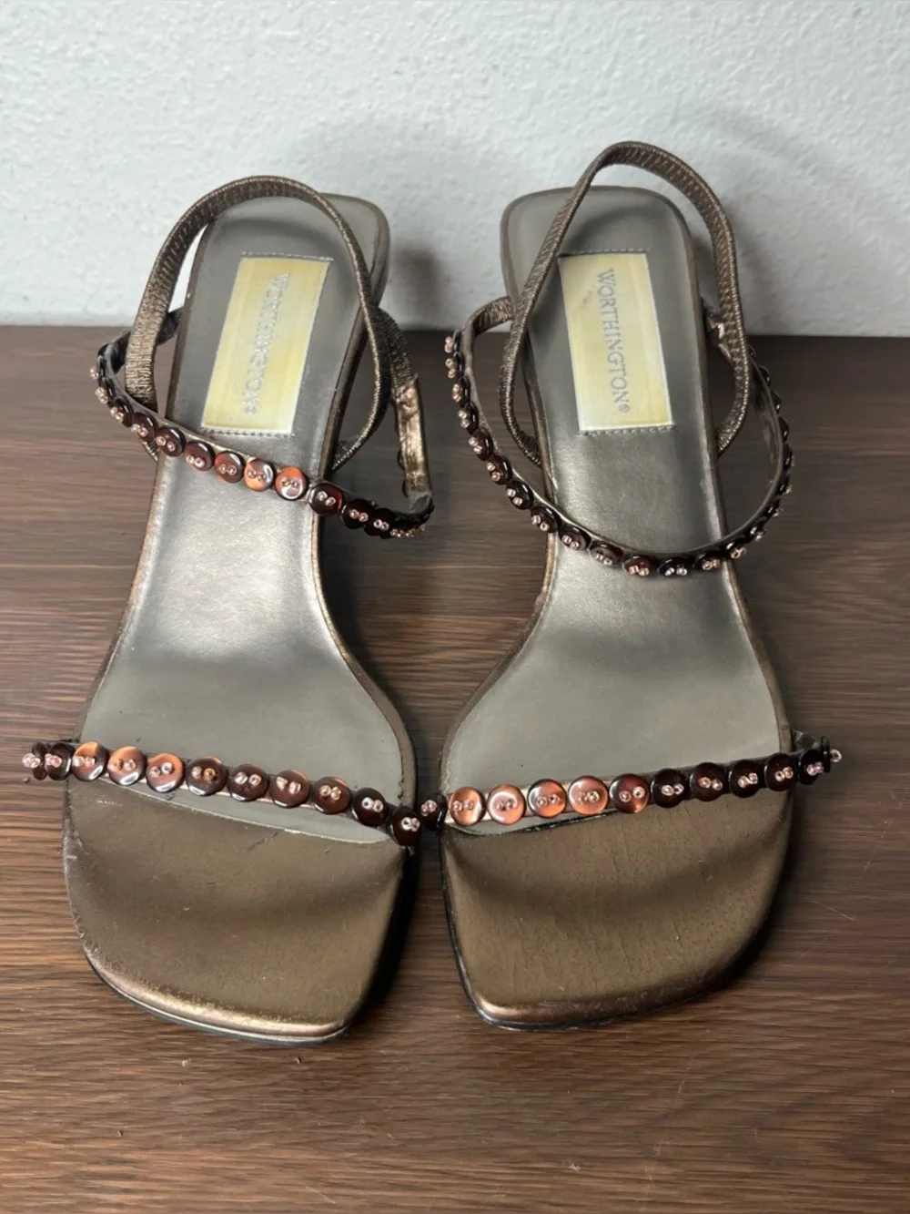 Vintage Brown Bronze Button Embellished Strappy Slingback Kitten Heels - Picture 4 of 10